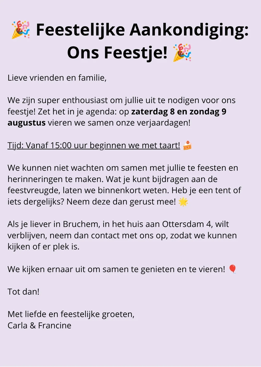 Originele feestelijke uitnodiging van Carla en Francine